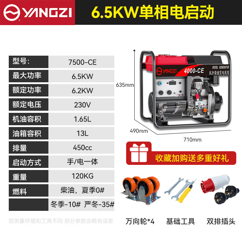 揚子發(fā)電機柴油7500-CE 6.5KW電啟動(dòng)單相220V【下架】